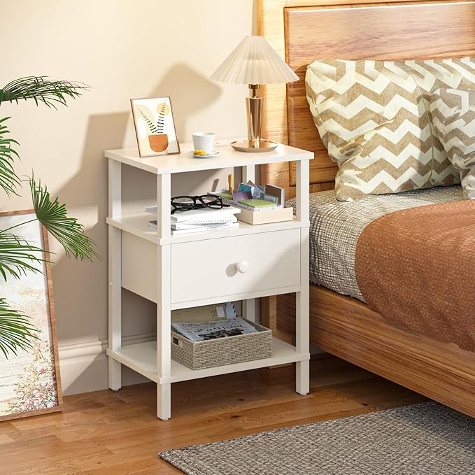 Lerliuo Nightstand with Charging Station and USB Ports, 3-Tier Storage End Table with Drawer Shelf, Night Stand for Small Spaces, Wood Bedside Table for Living Room, Bedroom - Elegant White