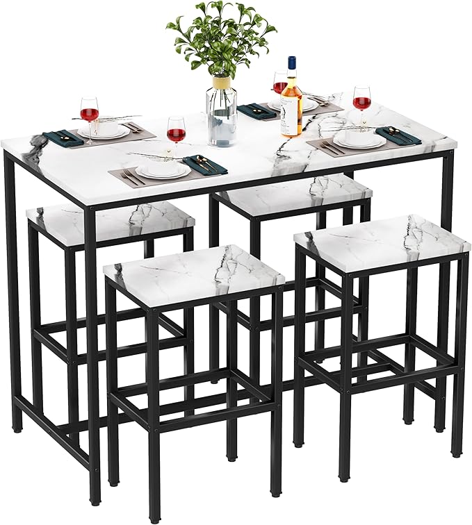 Aklaus 5 Piece Bar Table Set Kitchen Dining Table Set for 4 Modern Counter Height Bar Table with Bar Stools Set of 4 Faux Marble Top Pub Table and Stools for Dining Room Breakfast Nook Home Bar
