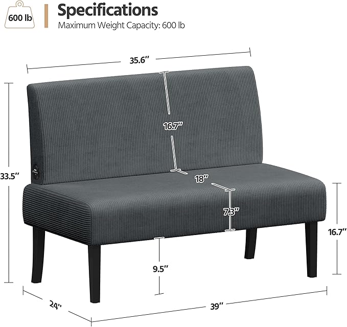 Yaheetech Small Comfy Sofa Mini Loveseat Couch 2-Seater Armless Sofa Chair, Corduroy Fabric & Easy Assembly, for Small Spaces Living Room,Bedroom,Dorm,Office, Dark Grey