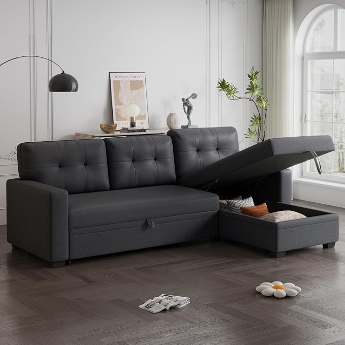 Ball & Cast Convertible Sectional Sleeper Sofa Bed L Shaped 4 in 1 Pull Out Couch with Reversible Storage Chaise & Removable Back Cushions,Sleeper Corner Pull Out Sofa Bed Couch for Living Room,Office