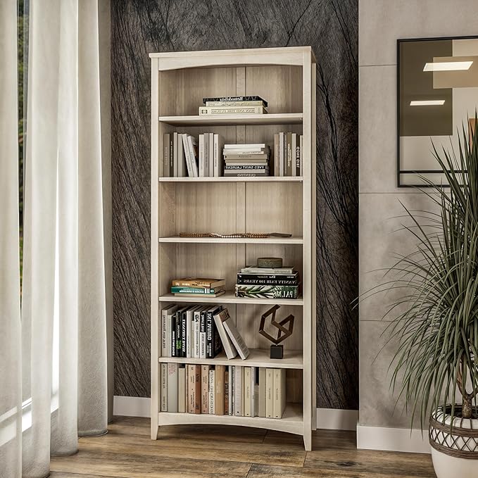 Camaflexi Shaker Style 6 Shelf Bookcase/Solid Wood / 72 inch Tall/Adjustable Shelving/Closed Back/Display Bookshelf for Living Room, Bedroom, Home and Office, Light Oak