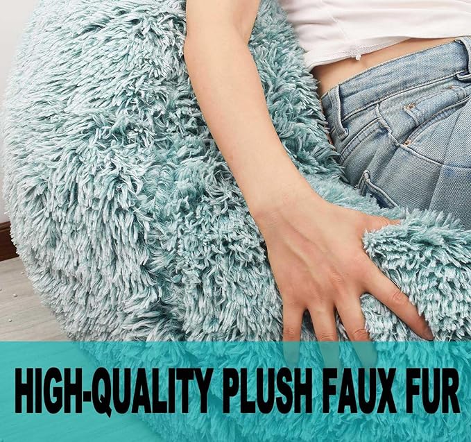 Fluffy Bean Bag Chair, 3FT Round Memory Foam Filled Bean Bag for Teens & Kids, Ultra Soft Faux Fur Fabric Bean Bag Chairs for Playroom, Living Room, Bedroom, Dark Green