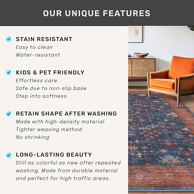 Washable 8 ft Long Runner for Kitchen Floor - Navy Blue Hallway Runner Rug, Pet Friendly Waterproof Non Slip with Rubber Backing, Stain Resistant Laundry Room Rug (2'6"x8' Navy Blue & Terracotta)