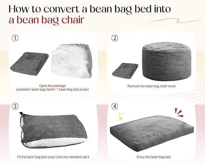 Hobestluk Bean Bag Chair Convertible Beanbag Chairs for Adults, 3 in 1 Bean Bags with Plush Chevron Cover, Adult Bean Bag Chair for Living Room, Bedroom (White, Full)