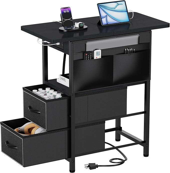 Small Side Table with Charging Station, Narrow Nightstand Bedside Tables with Storage Pocket for Living Room Bedroom, Sofa End Table with USB Ports and Power Outlets for Small Spaces