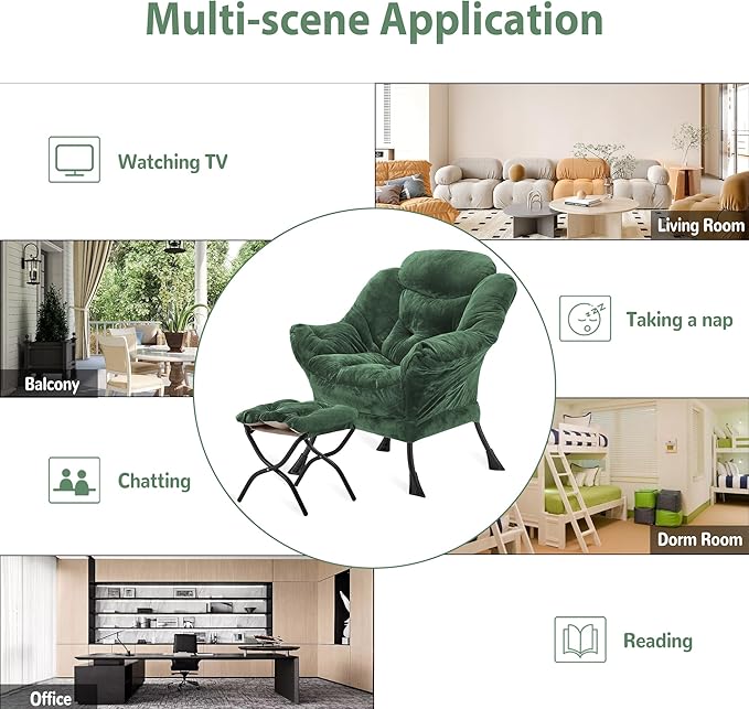 Lazy Chair with Folding Ottoman, Accent Chair Plush Upholstered with Metal Structure and Non-Slip Pads, Sofa Armchair with Footrest and Side Storage Bag for Dorm, Room, Office, Green
