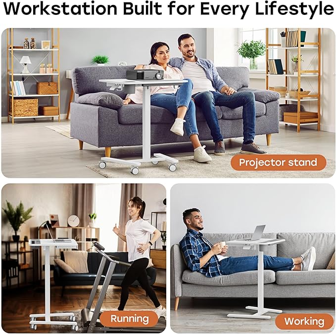 Mobile Small Standing Desk with Drawer, 23.6"x19.7" Rolling Laptop Cart on Wheels, Height Adjustable Sit Stand Computer Workstation with Storage for Compact Space, White