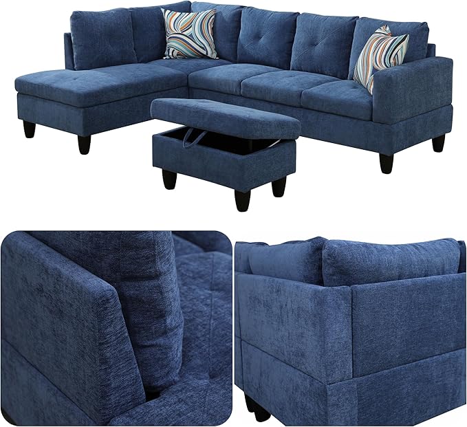 Modern Living Room Furniture Sets with Pillows, Modular Sectional Couches with Chaise Lounge, 4-Seaters L Shape Sofa with Storage Ottoman, for Living Room, Blue