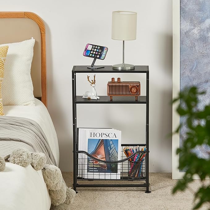 Narrow Side Table, Skinny Small End Tables with Magazine Holder, 3 Tier Small Sofa Side Table for Smalls Spaces, Sofa Couch Tables Bedside Table for Living Room Bedroom Office