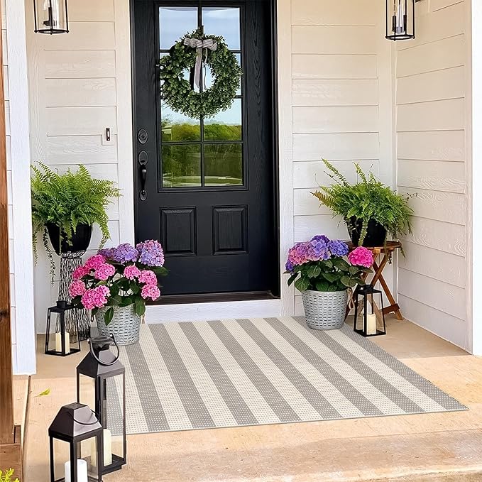 OJIA Indoor Outdoor Rugs 3'x5', Washable Area Rug Entryway Rugs Indoor Front Door Mats Striped Porch Rug Cotton Small Floor Carpet for Entry/Patio/Deck/Balcony/Bedroom/Living Room (Gray/White/Tan)