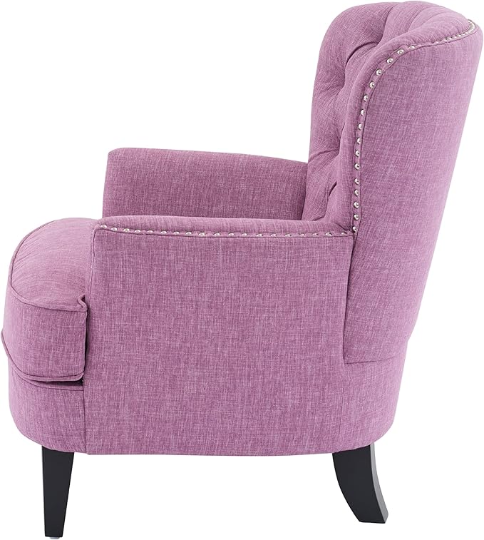 Ball & Cast Accent Chair,Mid-Century Lounge Living Room Chairs with Button Tufting,Upholstered Reading Accent Chair W/Solid Wood Legs and Curved Backrest,for Bedroom,Apartment,Pink
