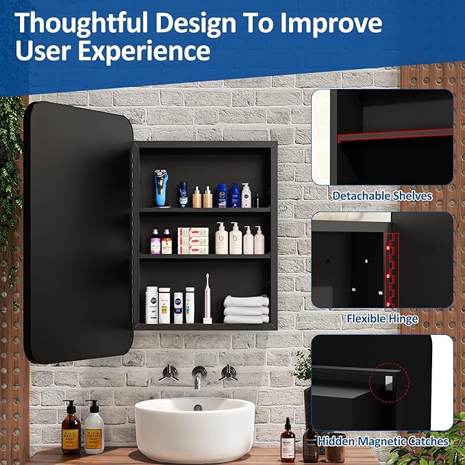 24x30 Inch Bathroom Medicine Cabinet with Mirror Black Metal Framed Farmhouse Recessed or Surface Wall Mounted Black Medicine Cabinets for Bathroom