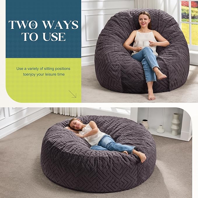 Hobestluk Bean Bag Chairs Adults Beanbag Chair with Filler Large Bean Bags with Fluffy Embossed Cover, Giant Bean Bag Chairs for Adults (Dark Grey, 6FT - 70" x 70" x 15")