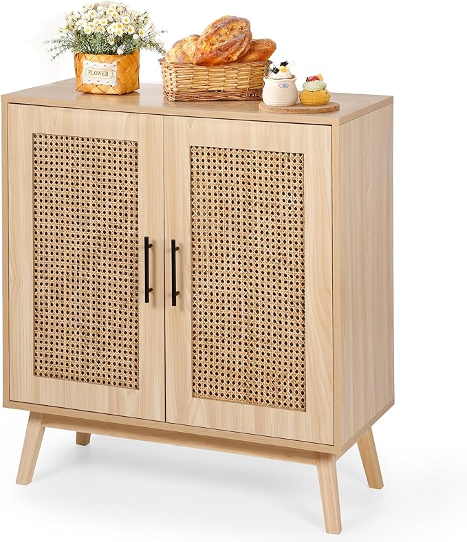 Rengue Sideboard Buffet Cabinet with Rattan Decorated Doors - Accent Cabinet Cupboard Console Table for Hallway, Entry, Living Room, Natural