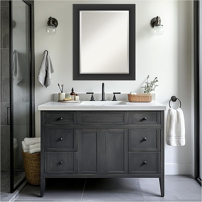 Amanti Art Black Bathroom Mirror for Over Sink, 28x34 Sloped Black Rectangle Vanity Mirror, Large Modern Contemporary Frame, Hangs Horizonally and Vertically, Bathroom Wall Decor, Beveled Edge