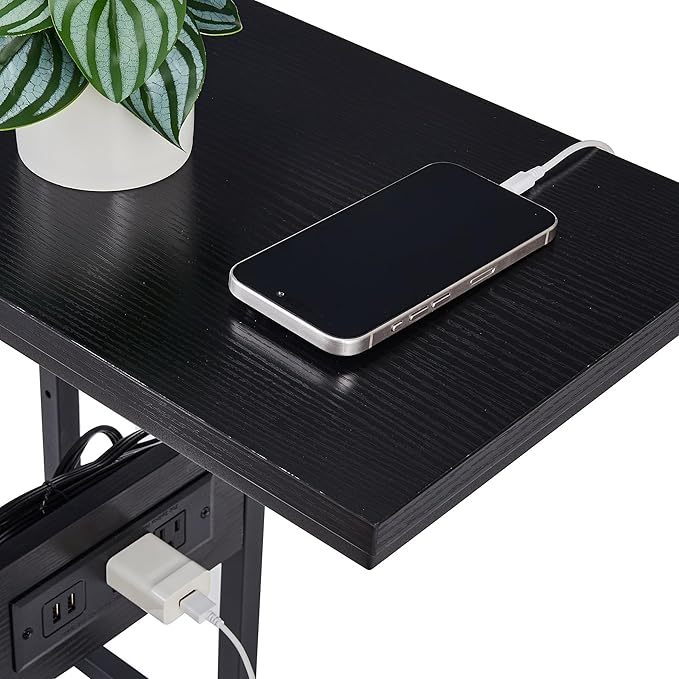 VECELO C Shaped End Side Table with Charging Station & Power Outlets for Couch Sofa/Bed, Snack TV Tray with Metal Frame for Living Room Bedroom 1 Set, Black