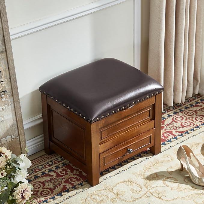Storage Ottoman with Drawer, Microfiber Leather Padded Top Foot Rest Stool with Nailhead Trim for Bedroom Living Room