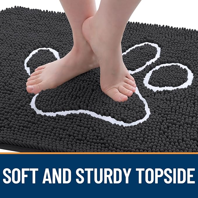 OLANLY Door Mat for Muddy Dog Paws 47x24, Ultra Absorbent Chenille Mud Doormat with Paw Print Design, Non-Slip Washable Doormat for Indoor Entryway, Quick-Dry Pet Bed Mats for Dirty Dogs, Dark Grey