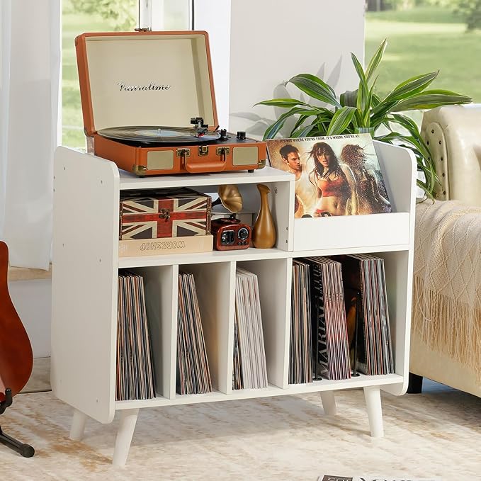 Record Player Stand, Large Record Player Table Cabinet with Open Vinyl Storage and Display Shelf Holds up to 350 Albums, Mid Century Wood Turntable for Living Room, Bedroom (White)