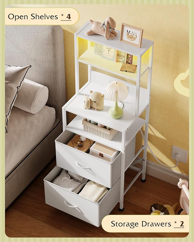 WLIVE Nightstand Set of 2 with Charging Station, LED Night Stands with 2 Fabric Drawers and 4 Storage Open Shelves, Bedside Table Sets for Bedroom, White