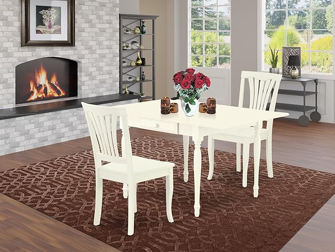 East West Furniture MZAV3-LWH-W 3 Piece Dinette Set for Small Spaces Contains a Rectangle Dining Table with Dropleaf and 2 Dining Chairs, 36x54 Inch, Linen White