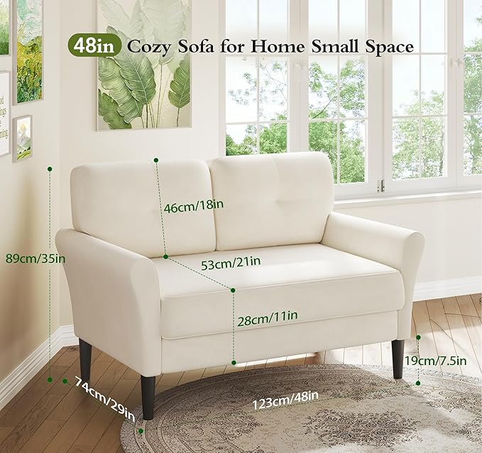 Small Sofa Couch, 48" Loveseat Sofa, Soft Velvet Love Seat Couches, Small Couch for Bedroom with 21" Deep Seat, Comfy Couches for Living Room, Tool-Free Setup Sofas for Living Room, White