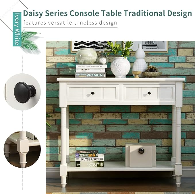 Bellemave Console Table with Drawers, Retro Entryway Table with 2 Drawers and Open Storage Shelf, Narrow Long Sofa Table, Behind Couch Table for Living Room, Foyer and Hallway, Ivory White