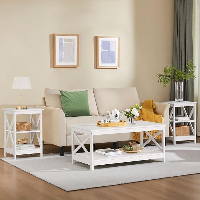 Yaheetech End Tables Set of 2, 3-Tier Side Tables with Storage for Living Room, Sturdy X Design Wooden Large Sofa Side Table Storage Cabinet with Shelves, 16x16x24’’(LxWxH), White