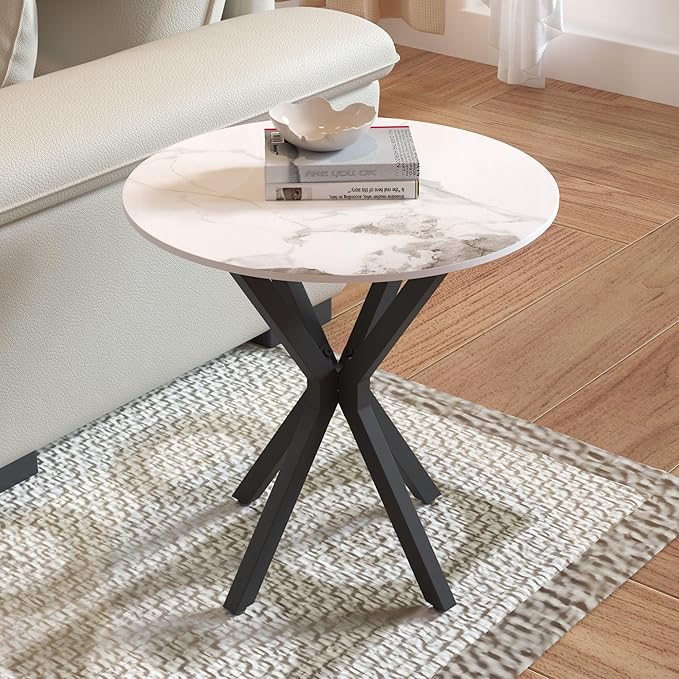 Round Side Table Set of 2, Modern Stylish End Tables with Faux Marble Top and Black Metal Legs,Durable Sofa Side Tables for Living Room Bedroom