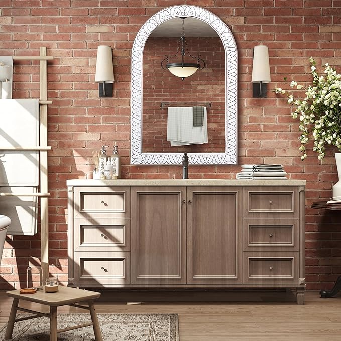 36x24 Inch Arched Wall Mirror with Wooden Frame, Rustic Farmhouse Decorative Arch Mirrors for Bathroom, Bedroom, Living Room, Entryway & Kitchen