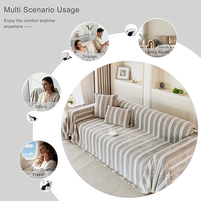 Couch Cover for Dogs Washable Sofa Cover, Sectional Couch Covers, Sofa Covers for 2 Cushion Couch, Non Slip Stripe Sofa Slipcovers Furniture Protector, Couch Protector from Cat Claws, Light,75''x102''