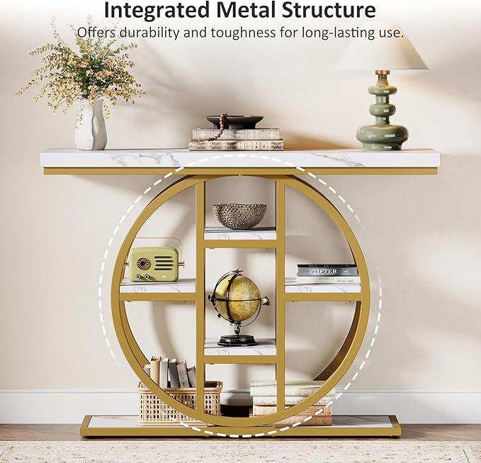 41" Console Table, 4-Tier Entryway Table with Circle Base, Industrial Narrow Wood Sofa Accent Tables with Storage Shelves for Living Room, Hallway, Foyer (White Gold)