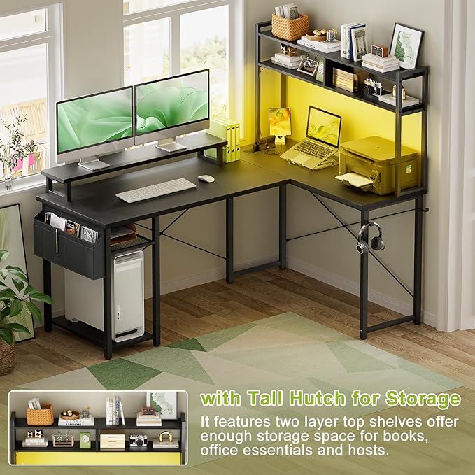 Small L Shaped Desk Gaming Desk with Power Outlets, 48" Reversible L Shaped LED Computer Desk with Monitor Stand & Storage Shelf, Corner Gamer Desk Home Office Desk with Storage Bag, Black