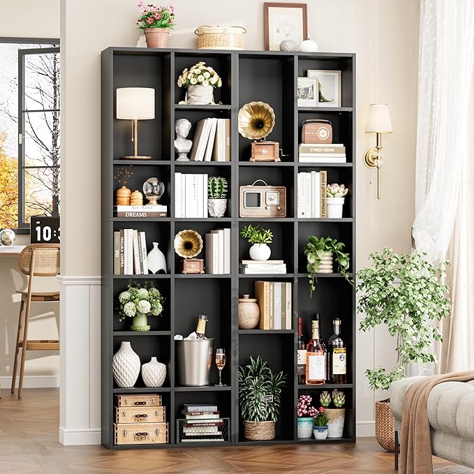 FOTOSOK 71'' Tall Bookshelf, Double Wide Media Tower Rack CD DVD Rack Display Cabinet with Adjustable Shelves, Tall Narrow Bookcase Black Bookshelf for Home Office, Black