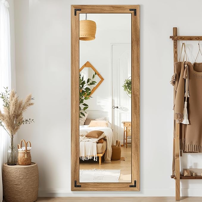 Full Length Mirror with Wooden Frame, 65"X24" Solid Wood Standing Floor Mirror for Farmhouse, Bathroom, Bedroom, Hanging or Leaning Wall-Mounted