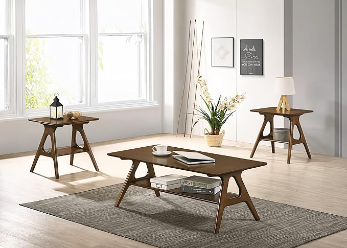 Roundhill Furniture Arona 3-Piece Coffee Table Set, Coffee Table and Two End Tables, Walnut