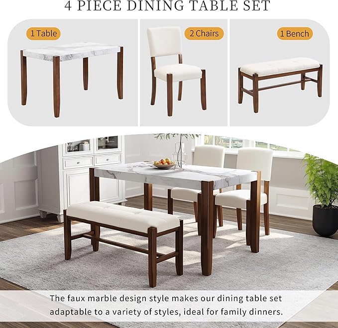 Ball & Cast 4-Piece Dining Furniture Set with 2 Upholstered Chairs & 1 Bench,Dining Table Set for 4 W/ 46" Faux Marble Style Table,for Restaurant,Home Bistro,Off White