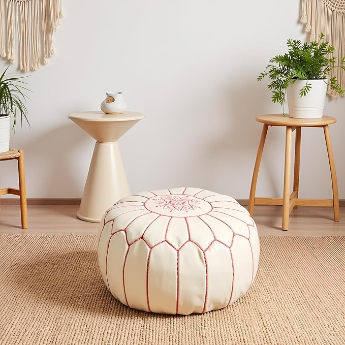 Stuffed Round Design Moroccan Leather Pouf Ottoman, Handmade, Pre-Filled, 100% Genuine Leather, 13” Height x 20” Diameter, Footstool & Living Room Décor (White with Pink Stitches)