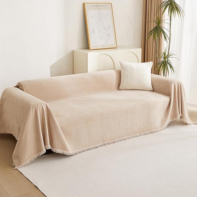 MYSKY HOME Dog Sofa Covers Khaki L-Shaped Sofa Slipcovers, Loveseat Couch Cushion Cover Tassel Edge, 91"x 118