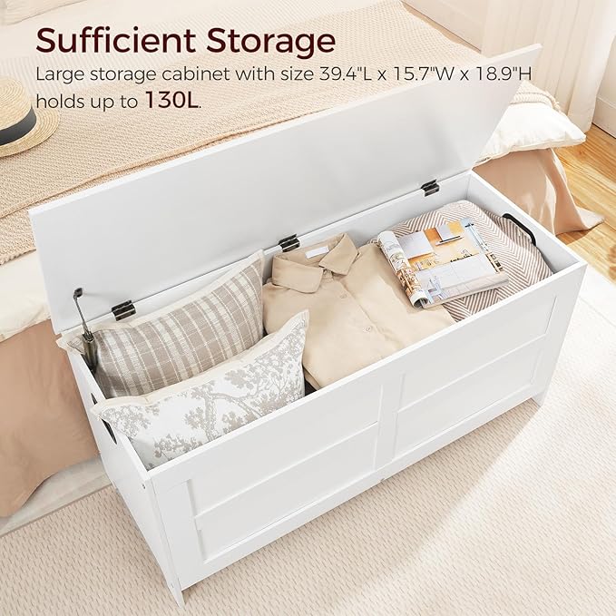 Storage Chest, 39.4” Large Toy Chest, Entryway Storage Trunk, Storage Bench with Safety Hinge, Entrance Bench for Living Room, Entrance, Bedroom, White SCWT48301