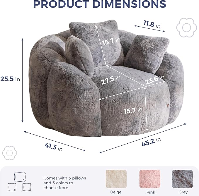 MAXYOYO Bean Bag Chair with 3 Pillows, Oversized Floral Shaped Bean Bag Sofa for Adults, Ultra Soft Faux Fur Floor Sofa, Large Stuffed Reading Chair for Living Room Bedroom, Grey