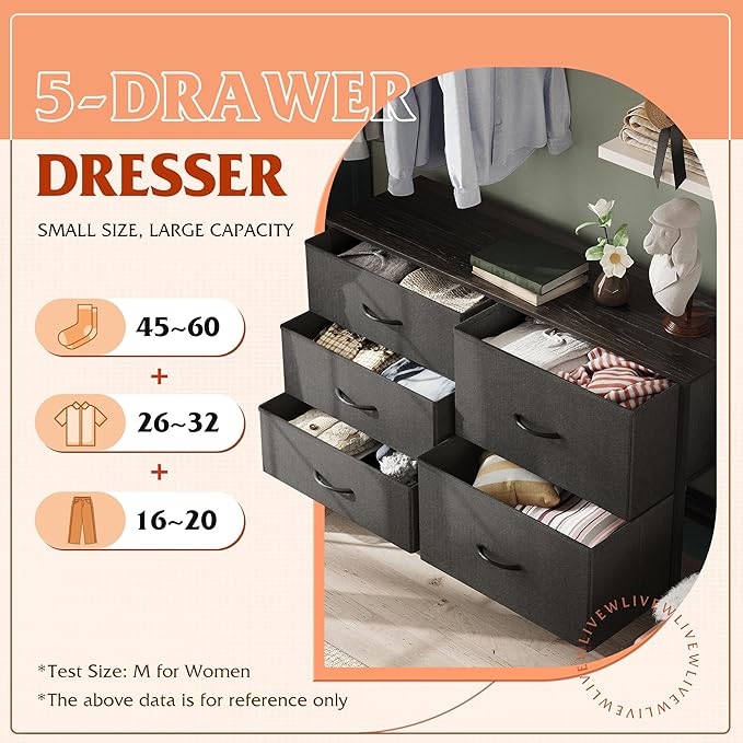 WLIVE Dresser for Bedroom with 5 Drawers, Wide Bedroom Dressers with Drawer Organizers, Chest of Drawers, Fabric Dresser for Living Room, Closet, Hallway, Charcoal Black