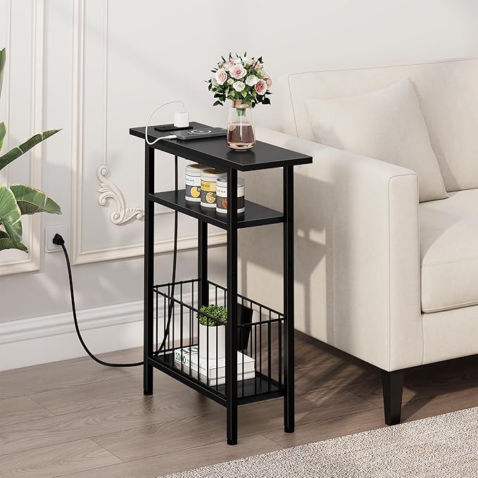 Vagusicc Narrow Side Table with Charging Station, 3-Tier Skinny Side End Table for Couch, Small End Tables for Small Spaces, 25.2" Tall Slim Nightstand Bedside Table for Living Room, Bedroom, Black