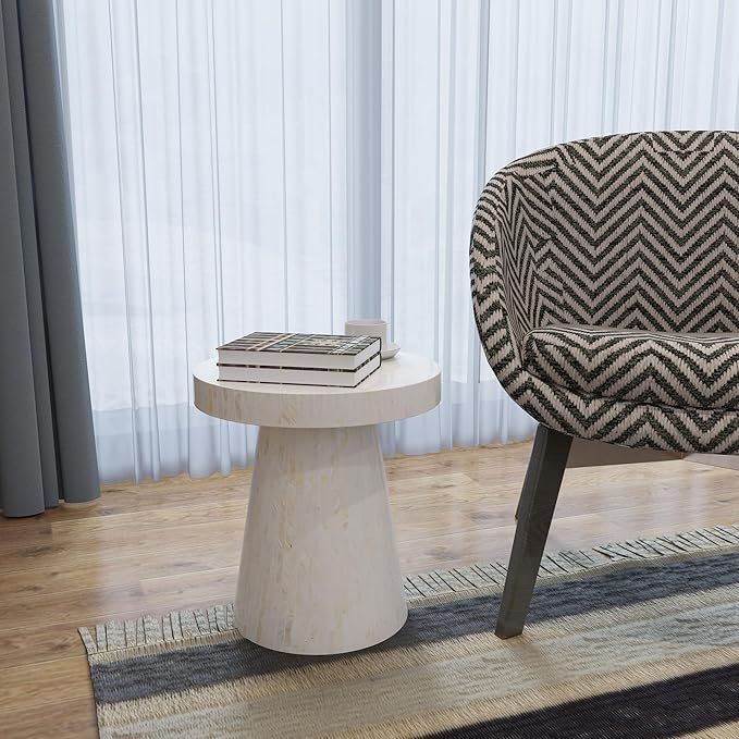 PEMAR Mother of Pearl Pedestal Side Table Modern Mushroom Minimalist Drink Accent End Table for Small Space, Bedside for Bedroom, Living Room, Hallway (White & Cream Sunlight)