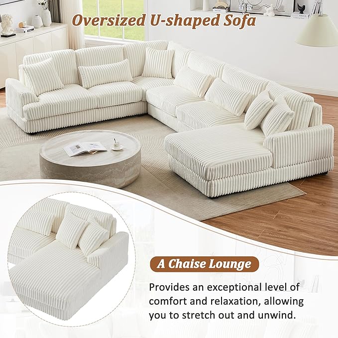 129" Oversized U Shaped Modular Sectional Sofa Couch for Living Room 7 Seater Plush Corduroy Upholstered Large Sofa Deep Seat Cloud Couch with Extra Wide Chaise Lounge and Detachable Thick Cushions