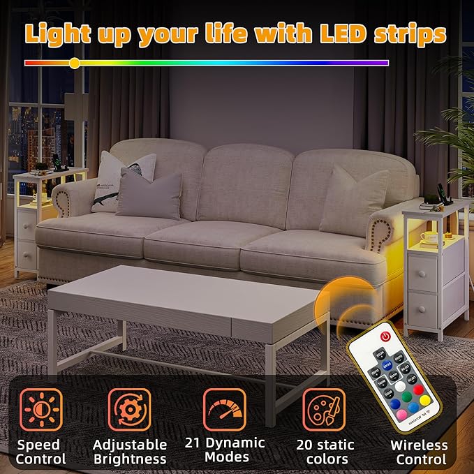 TIQLAB End Table with Charging Station, Narrow Side Table with 2 Fabric Drawers, Nightstand with LED Light, Slim Bedside Table for Bedroom, Living Room, Small Spaces, White