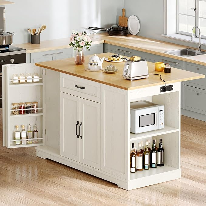 YITAHOME 50" Kitchen Island with Power Outlet & Drop Leaf, Rolling Island Cart with Trash Can Cabinet, Mobile Storage Islands with Microwave Rack, Door Storage Spice Rack, Retro White