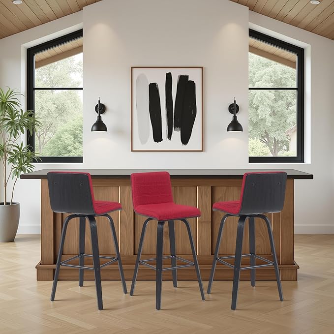 Vienna Modern Swivel Bar Height Stool with Red Upholstered Seat and Brushed Wood Frame Set of 2