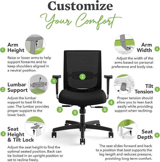 HON Convergence Ergonomic Office Chair, Breathable Back Support Mesh, Adjustable Arms, Computer Chair with Lumbar Support, Rolling Swivel Wheels, Comfortable Synchro-Tilt Recline, Fabric, Iris