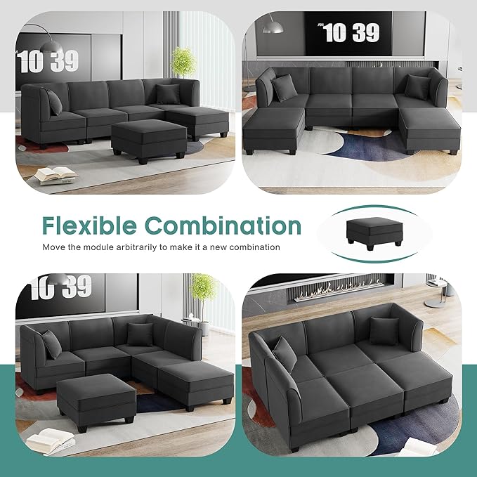 Shintenchi 6 Pieces Sectional Couch Modular Sofa,U Shaped Reversible Chaise Velvet SofaCouch with Cushions,Modular Sectional Sofa with Ottoman for Living Room (Dark Grey)